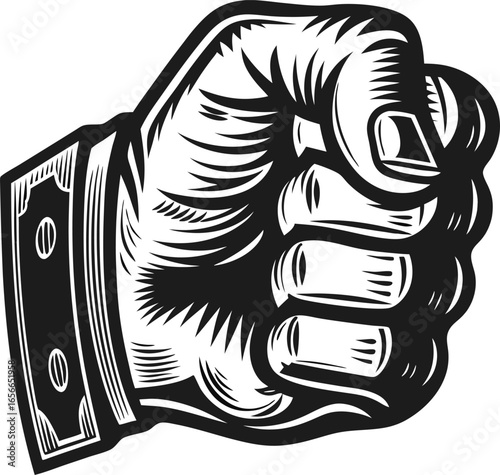 Powerful clenched fist in vintage woodcut bold hand gesture symbolizing strength, resistance, determination, protest, unity