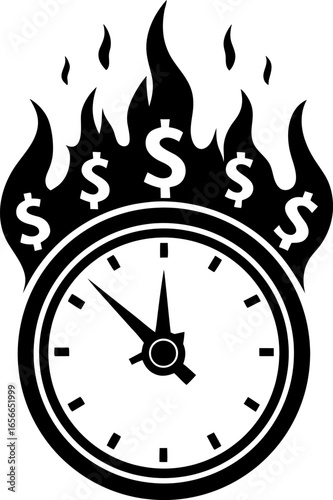 Burning clock with dollar symbols, time equals money, financial urgency, deadline stress, rapid economic loss