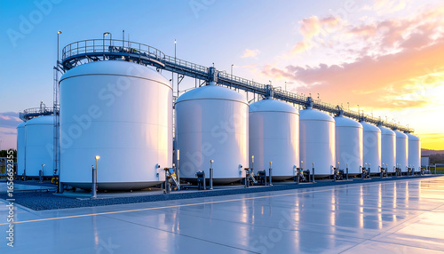 Large industrial hydrogen storage tanks are lined up against beautiful sunset, showcasing modern energy solutions