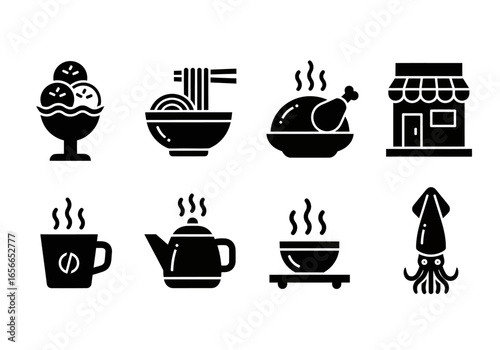 Culinary Delight: A collection of stylized icons representing a variety of delicious foods, perfect for menus, culinary blogs, or any project that celebrates the joy of eating.