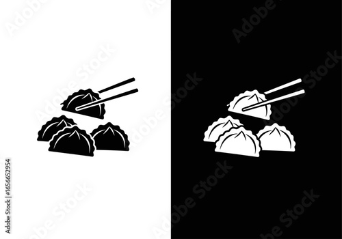 Delicious Dumplings: Graphic illustration of flavorful dumplings ready to eat using chopstick, evoking warmth and satisfaction in this artistic monochrome graphic illustration. 