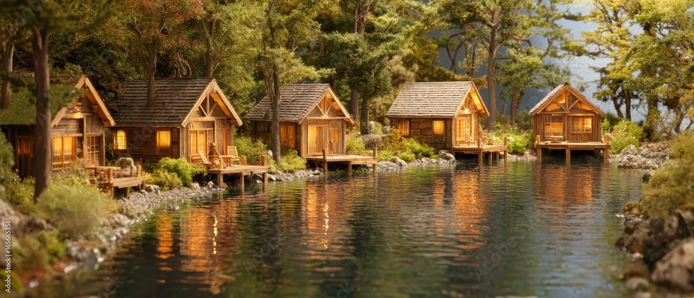 Fototapeta premium Lakeside log cabins glowing with warm light nestled among trees and water view