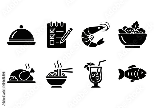 Culinary Selection: An array of meticulously crafted food and drink icons, inviting a sensory exploration of flavors and choices. This vector artwork.