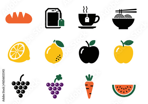 Food Icon Collection: A variety of stylized illustrations showcasing delicious bread, flavorful tea, fresh fruit, and hearty noodles, offering a visual feast for culinary enthusiasts.