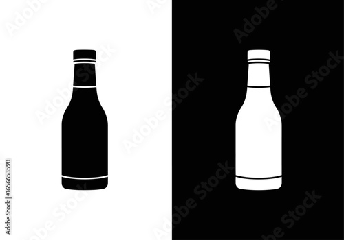 Monochromatic Bottle Duo: A study in contrasts - a sleek, minimalist silhouette of a bottle, presented in both stark black against a pristine field and bright on black.