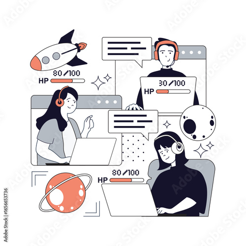 E-sport and video game concept for modern web design. People playing virtual games online in team, interacting with laptops from home, players compete in cyber sport championship. Vector illustration.