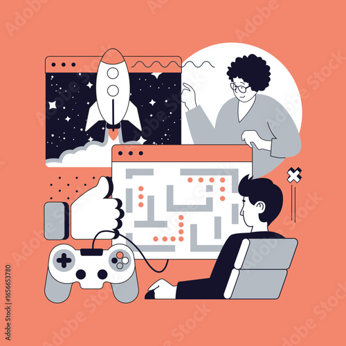 E-sport and video game concept for modern web design. People playing different virtual games online using console from home, players team compete in cyber sport championship. Vector illustration.