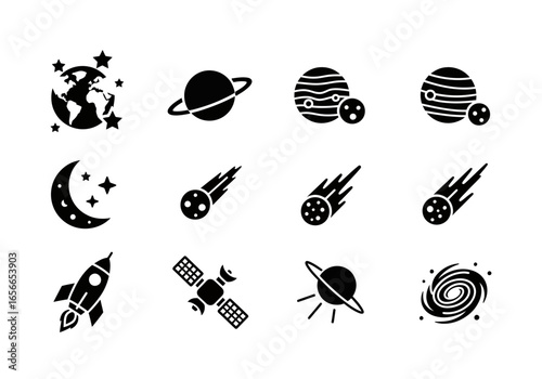 Space Icons: A set of meticulously crafted, minimalist icons representing various celestial objects and space-related elements, rendered in a clean, modern style. 