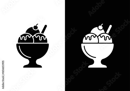 Ice Cream Dessert: A symmetrical, monochrome illustration of a delectable ice cream sundae, featuring creamy scoops, a cherry on top, and a spoon, served in a classic sundae glass, the perfect treat.