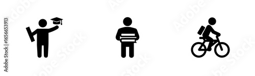 Three silhouette icons people with graduation cap books bicycle vector