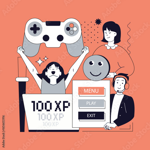E-sport and video game concept for modern web design. People playing virtual online games using joystick, getting experience score, team compete in cyber sport championship. Vector illustration.
