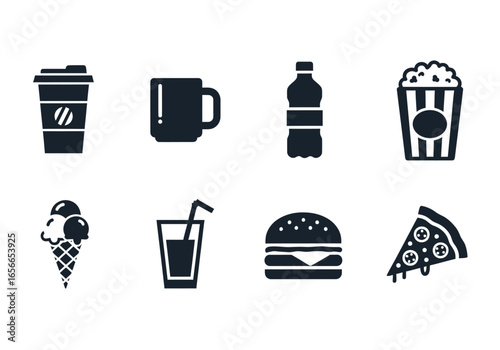 Culinary Compilation: A diverse collection of essential food and beverage icons, perfectly illustrating a quick guide to delightful treats, all illustrated in a clean, monochromatic style.