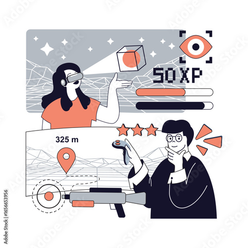 E-sport and video game concept for modern web design. People playing virtual online simulator or shooter, getting experience score, team compete in cyber sport championship. Vector illustration.