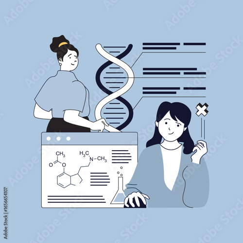 Education concept for modern web design. People studying at chemistry lessons in university, doing homework, gaining knowledge about biology, learning genetic with dna molecule. Vector illustration.