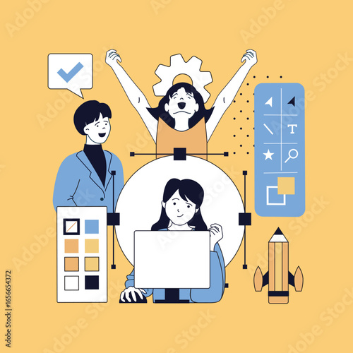 Graphic web design concept for modern website design. People creating wireframe layouts, coding on platform, drawing content elements, working with project colours and settings. Vector illustration.