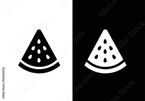 Contrast Watermelon Slice: A minimalist icon of watermelon slices, one in black against white, the other in white against black, highlighting duality and perfect for design