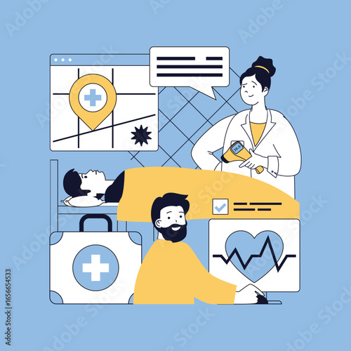 Healthcare and medical concept for modern web design. People working in hospital, hospitalization patients to ward, doctors doing first aid, nurse helping and making analysis. Vector illustration.