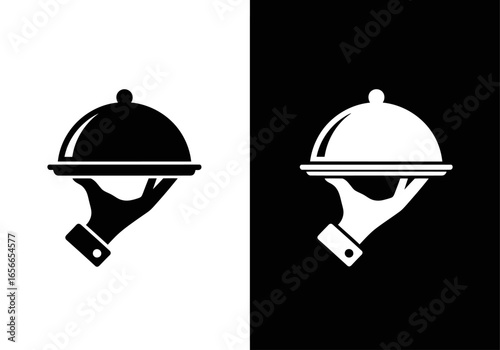 Elegant Service: An iconic, monochromatic illustration shows a refined hand gracefully presenting a covered serving tray, a symbol of hospitality and culinary excellence.
