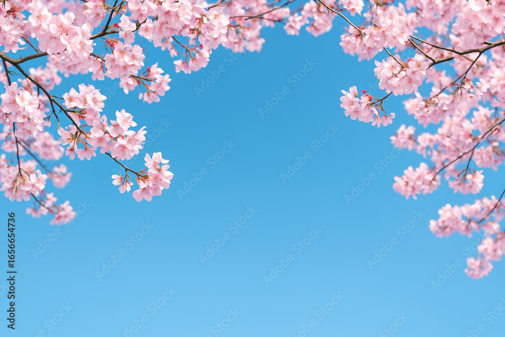 Fototapeta premium Cherry blossom branches with vibrant pink flowers against a bright clear blue sky in spring 