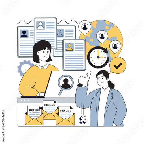 Human resources concept for modern web design. People searching cv online, recruiting international applicants, searching global cooperation, doing job interview to work contract. Vector illustration.