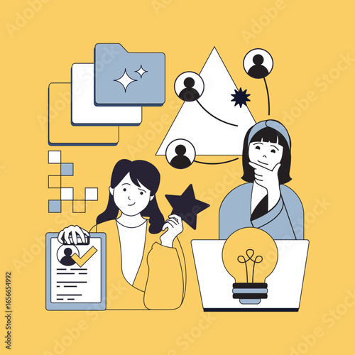 Human resources concept for modern web design. People searching cv online, making decision and recruiting applicants, doing job interview, signing work contract with partnerships. Vector illustration.