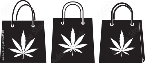 Three black shopping bags with marijuana leaf silhouette