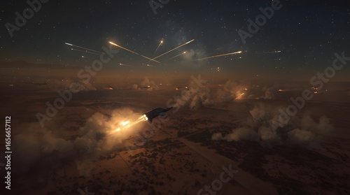 War Scene with Fireworks in Night Sky
