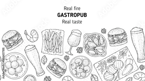 Gastropub menu. Pub food and beer. Hand drawn vector illustration. Food and drink sketch. Top view. Hand drawn food collection for gastropub or pub menu design. Beer,
