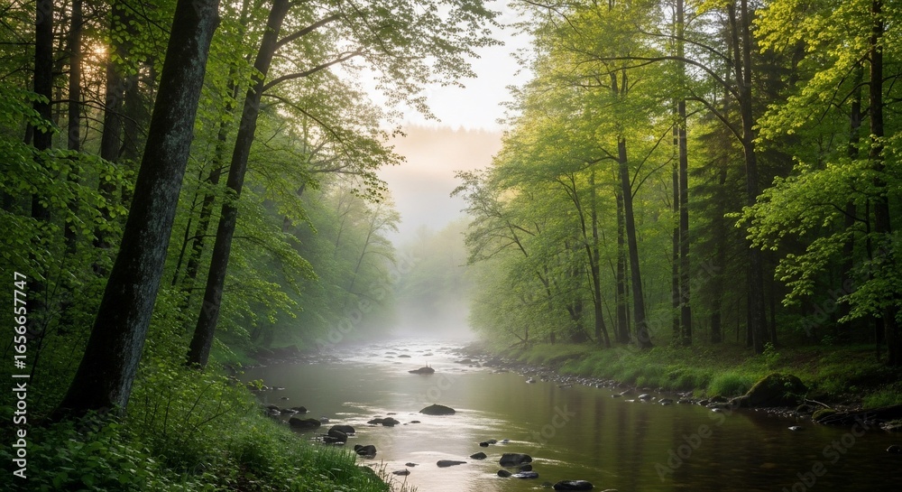 Obraz premium Sunlit Morning Mist Blanketing a Serene Forest River with Lush Green Trees