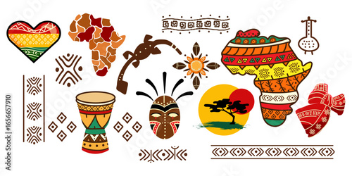African Cultural Icons and Tribal Decorative Elements Set.Vibrant collection of African inspired illustrations tribal masks, drums, ethnic patterns, continent silhouettes, and symbolic elements.Vector
