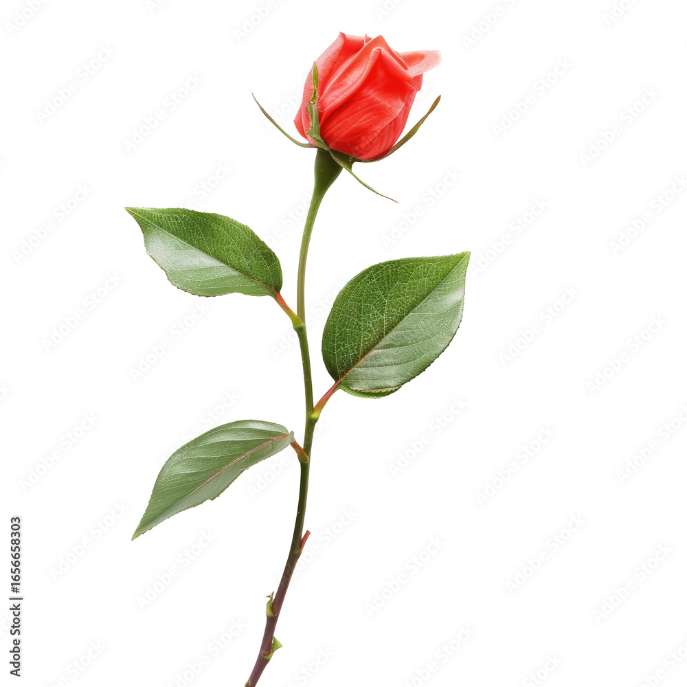 Obraz premium Close-up of a vibrant red rosebud, with green leaves and stem