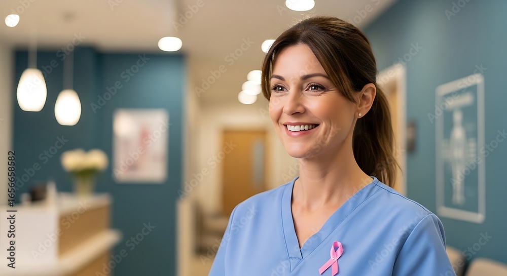 Fototapeta premium Smiling Healthcare Professional in Modern Medical Office Setting with Blue Walls and Soft Lighting, Wearing Scrubs and Pink Ribbon Pin, Representing Compassionate Healthcare for Patients