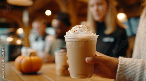 Fototapeta Naklejka Na Ścianę i Meble -  Hand holding pumpkin spice latte with whipped cream at cozy cafe. Seasonal autumn coffee drink, warm festive beverage perfect for Halloween and fall comfort moments.
