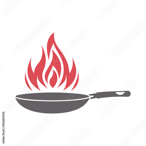 Simple graphic illustration of a frying pan with red flames on a white background cooking food
