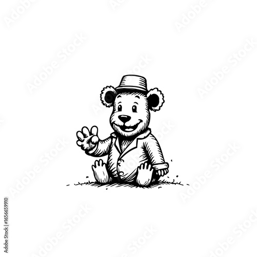 Illustration of a cute teddy bear wearing hat and suit sitting and waving with a smile