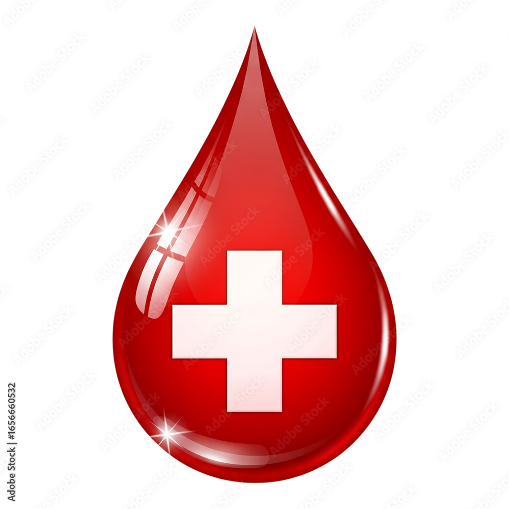 Fototapeta premium Red blood drop with white cross symbol isolated on transparent background