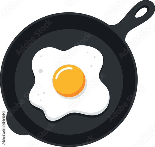 A perfectly fried egg with a bright yellow yolk sits in a black cast iron skillet on a white background