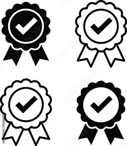 Approved checkmark seal icon set vector illustration of a quality guarantee badge with ribbon for certification.

