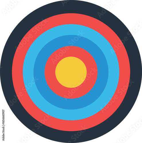 A colorful archery target with concentric circles of red blue and yellow against a white background representing focus and precision