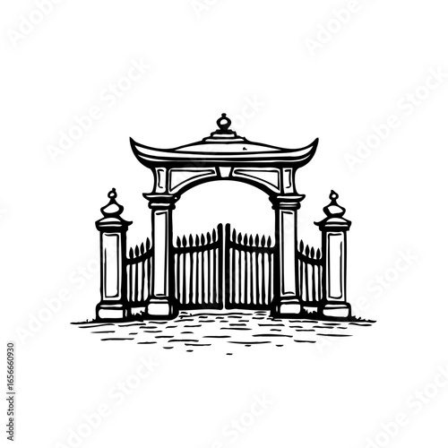 Hand drawn chinese gate vector illustration perfect for architectural design and historical representation offering cultural nuance