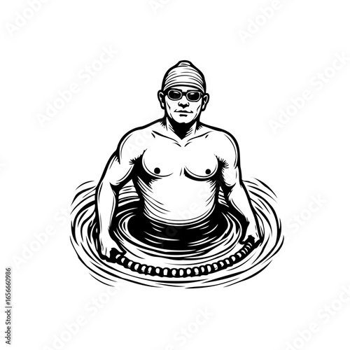 Swimmer emerging from water with determination monochrome design illustration, displaying strength and athleticism in liquid abyss