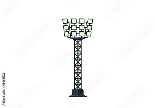 A towering stadium light with numerous square lamps atop a steel structure
