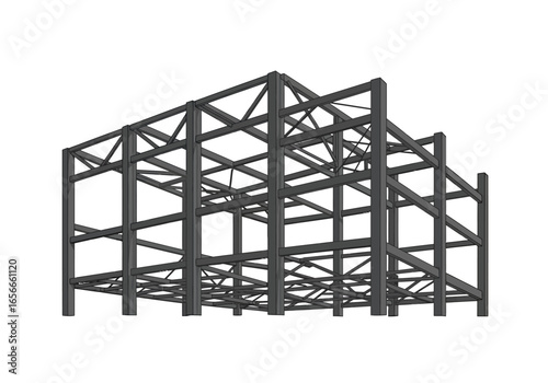 A metal structure with columns beams and diagonal braces forming a framework on a white background