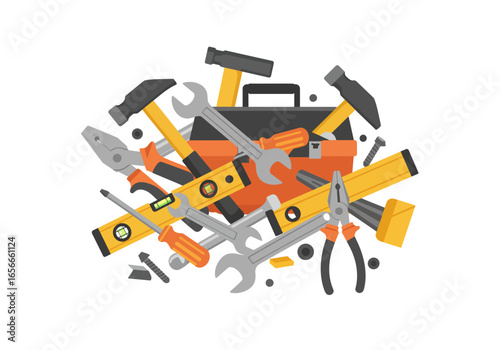 A toolbox overflows with hammers wrenches screwdrivers levels and pliers scattered on a white background