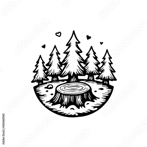 Hand drawn illustration featuring tree stumps and fir trees, evoking a natural, forest setting in black and white