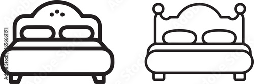 Two stylized line art icons of double beds with pillows and headboards