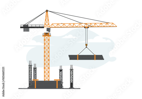 Construction crane lifting steel bars on a building site under a cloudy sky