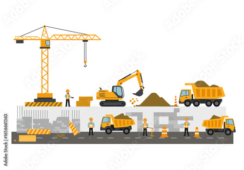 Construction scene with crane excavator trucks workers and road