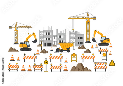 Construction scene with cranes buildings excavators dump truck safety barriers cones dirt piles and signs
