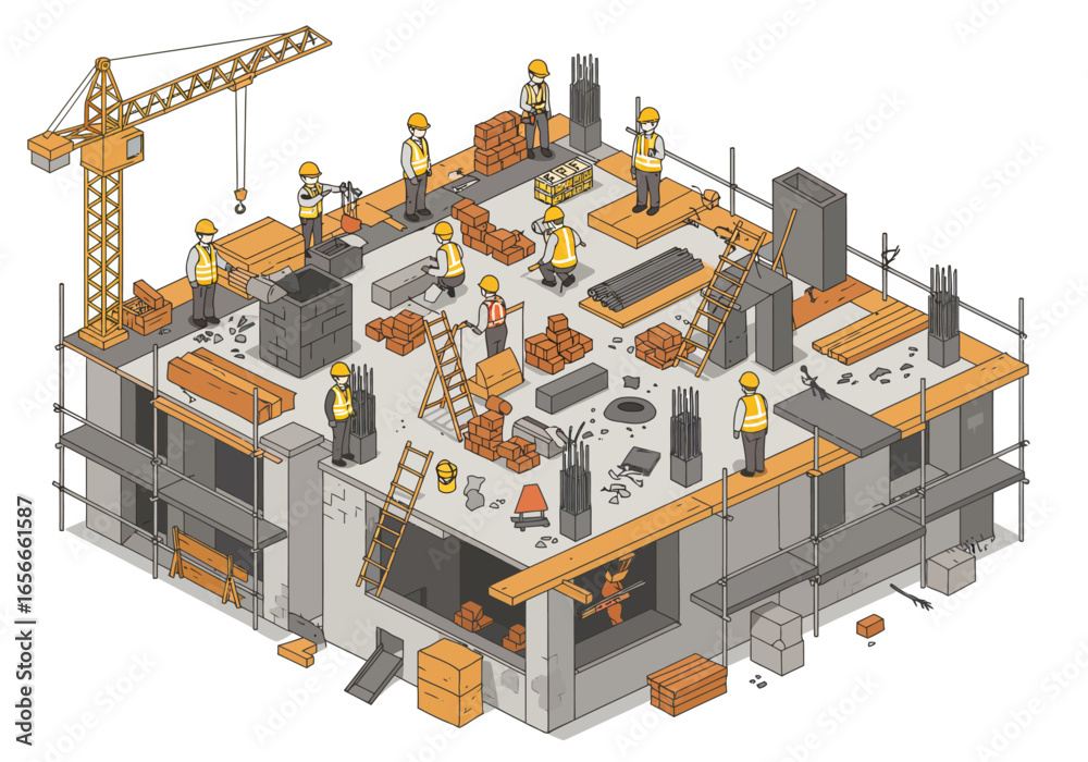 Obraz premium Isometric view of a construction site showing workers materials scaffolding and a crane on top of a building under construction